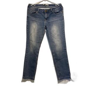 Mid Rise Straight Leg Distressed Hem Blue Stretch Denim Jeans INCITY Womens 31